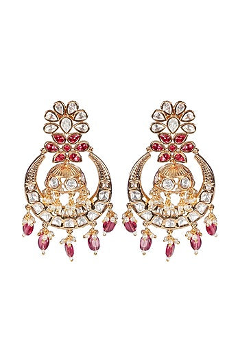 Gold Finish Red Kundan Polki & Beaded Chandbali Earrings