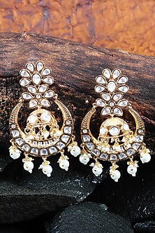 Gold Finish Kundan Polki & White Beaded Chandbali Earrings