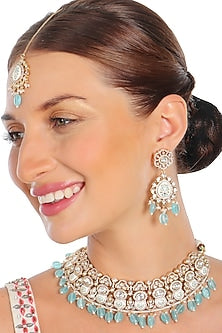 Gold Finish Mint Kundan Meenakari Choker Necklace Set