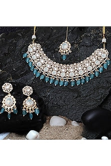 Gold Finish Mint Kundan Meenakari Choker Necklace Set