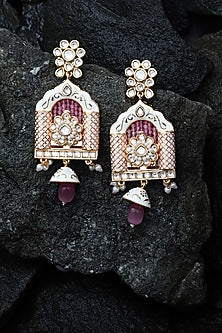Gold Finish Kundan Polki & Beaded Meenakari Dangler Earrings