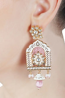 Gold Finish Kundan Polki & Beaded Meenakari Dangler Earrings
