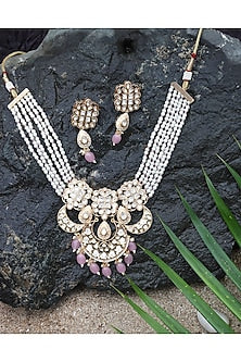 Gold Finish Kundan Polki & Beaded Meenakari Choker Necklace Set