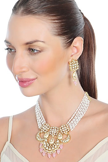 Gold Finish Kundan Polki & Beaded Meenakari Choker Necklace Set