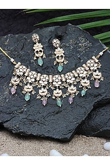 Gold Finish Kundan Polki & Beaded Choker Necklace Set