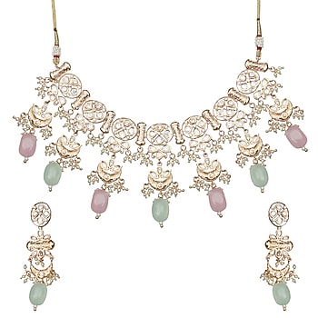 Gold Finish Kundan Polki & Beaded Choker Necklace Set