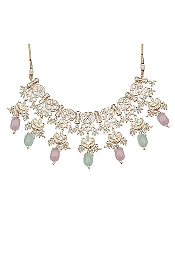 Gold Finish Kundan Polki & Beaded Choker Necklace Set
