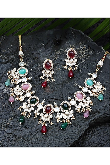 Gold Finish Kundan Polki & Beaded Choker Necklace Set