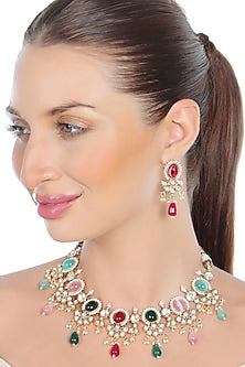 Gold Finish Kundan Polki & Beaded Choker Necklace Set