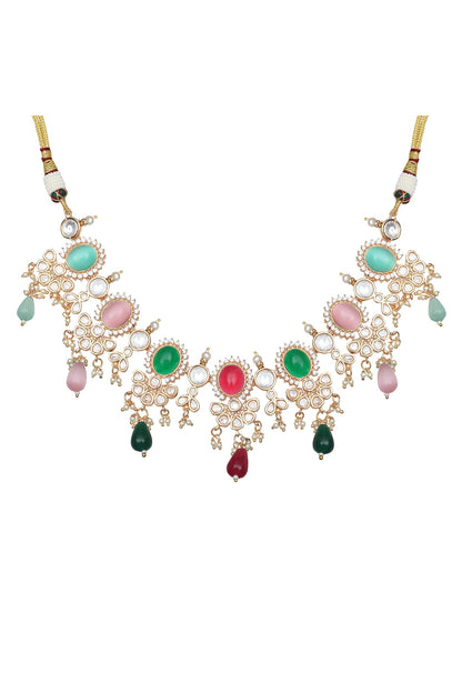 Gold Finish Kundan Polki & Beaded Choker Necklace Set