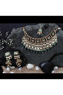 Gold Finish Kundan Green Meenakari Choker Necklace Set