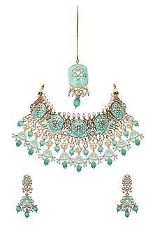 Gold Finish Mint Kundan Meenakari Choker Necklace Set