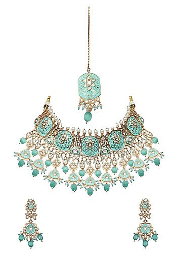 Gold Finish Mint Kundan Meenakari Choker Necklace Set