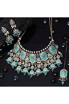 Gold Finish Mint Kundan Meenakari Choker Necklace Set