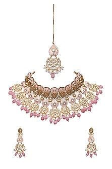 Gold Finish Kundan Blush Pink Meenakari Choker Necklace Set