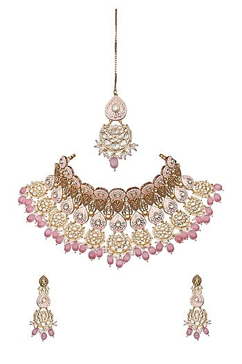 Gold Finish Kundan Blush Pink Meenakari Choker Necklace Set