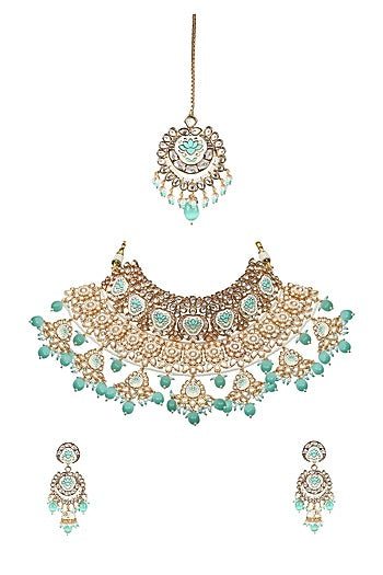 Gold Finish Mint Green Kundan Meenakari Choker Necklace Set