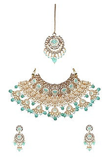 Gold Finish Mint Green Kundan Meenakari Choker Necklace Set