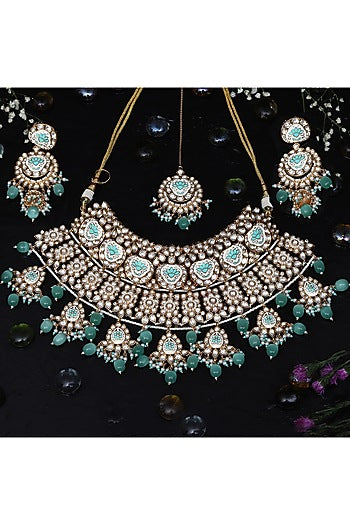 Gold Finish Mint Green Kundan Meenakari Choker Necklace Set