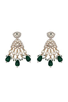 Gold Finish Emerald Green Kundan & Bead Meenakari Dangler Earrings