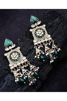 Gold Finish Kundan Polki & Pearl Beaded Meenakari Dangler Earrings