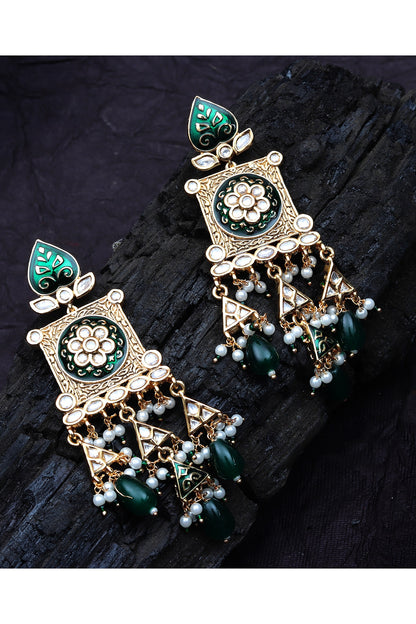 Gold Finish Kundan Polki & Pearl Beaded Meenakari Dangler Earrings