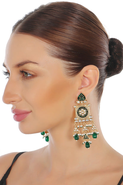 Gold Finish Kundan Polki & Pearl Beaded Meenakari Dangler Earrings