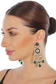 Gold Finish Kundan Polki & Pearl Beaded Meenakari Dangler Earrings