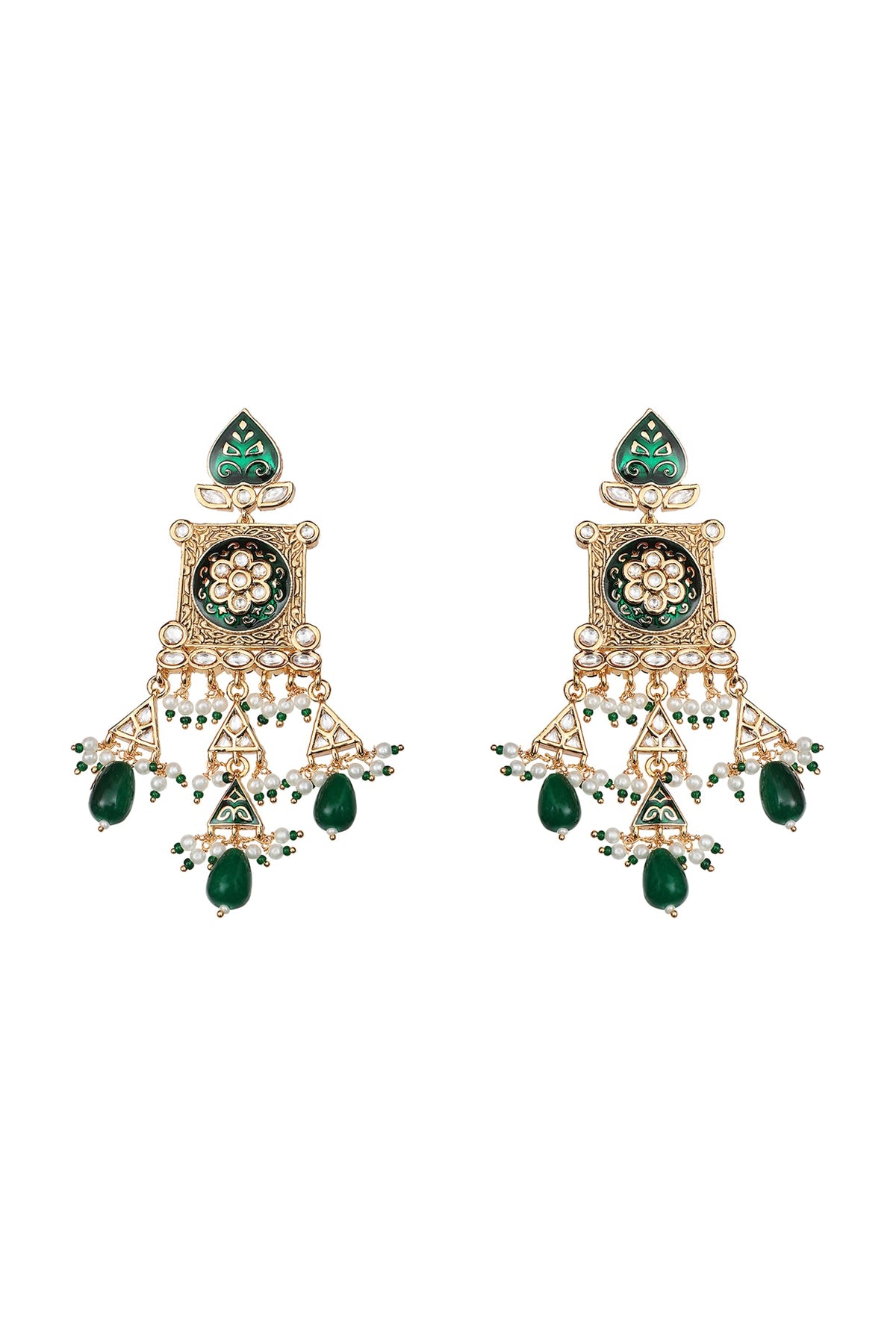 Gold Finish Kundan Polki & Pearl Beaded Meenakari Dangler Earrings