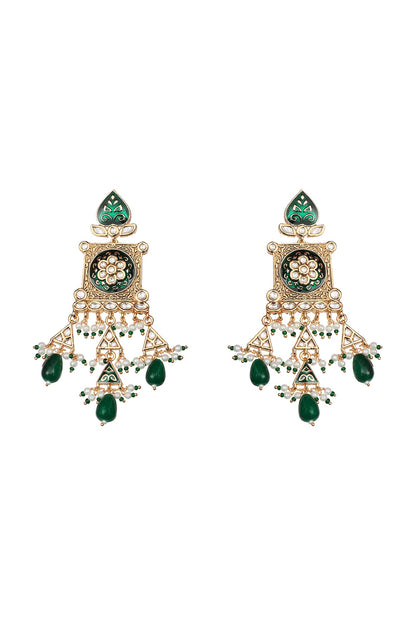 Gold Finish Kundan Polki & Pearl Beaded Meenakari Dangler Earrings