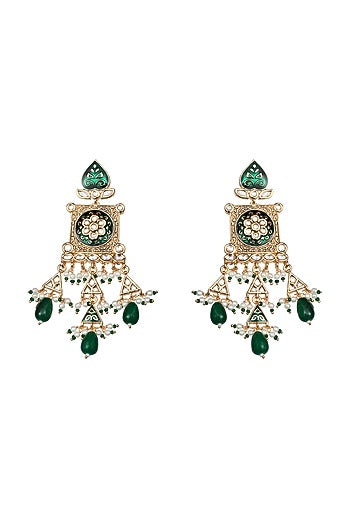 Gold Finish Kundan Polki & Pearl Beaded Meenakari Dangler Earrings