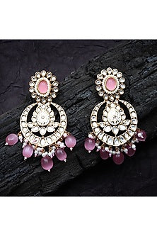 Gold Finish Kundan Polki & Beaded Meenakari Chandbaali Earrings