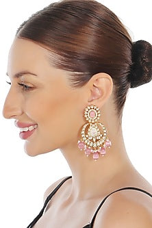 Gold Finish Kundan Polki & Beaded Meenakari Chandbaali Earrings