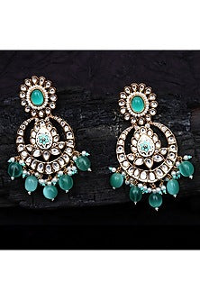 Gold Finish Kundan Polki & Beaded Meenakari Chandbaali Earrings