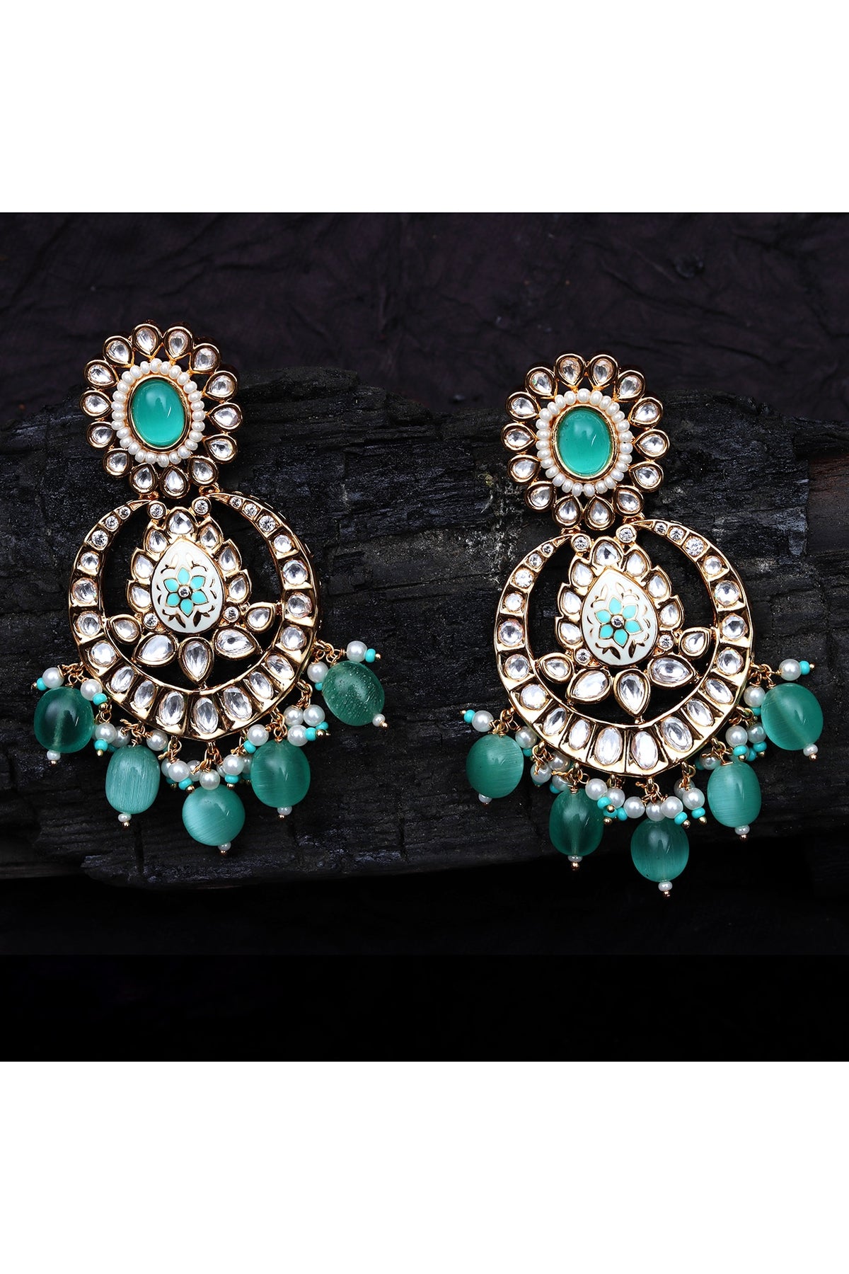 Gold Finish Kundan Polki & Beaded Meenakari Chandbaali Earrings