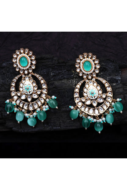 Gold Finish Kundan Polki & Beaded Meenakari Chandbaali Earrings
