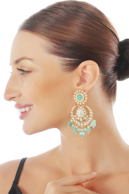 Gold Finish Kundan Polki & Beaded Meenakari Chandbaali Earrings
