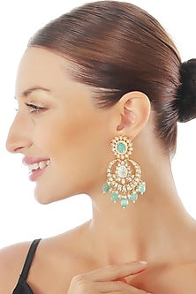 Gold Finish Kundan Polki & Beaded Meenakari Chandbaali Earrings