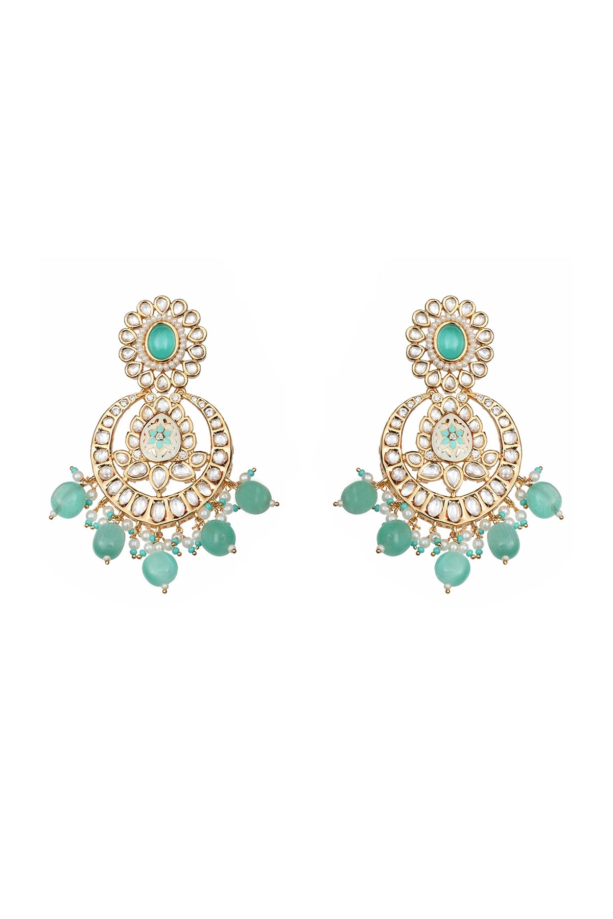 Gold Finish Kundan Polki & Beaded Meenakari Chandbaali Earrings