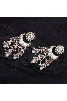 Gold Finish Kundan Polki & Beaded Meenakari Chandbaali Earrings