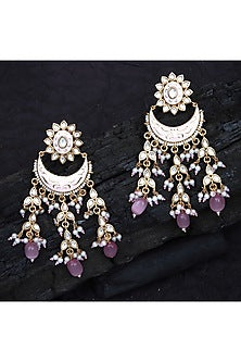 Gold Finish Kundan Polki & Beaded Meenakari Chandbaali Earrings