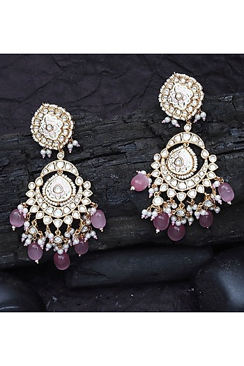 Gold Finish Kundan Polki & Beaded Meenakari Dangler Earrings