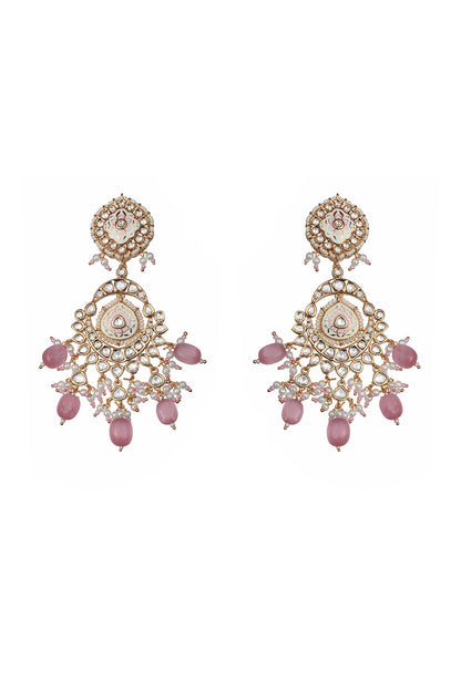 Gold Finish Kundan Polki & Beaded Meenakari Dangler Earrings