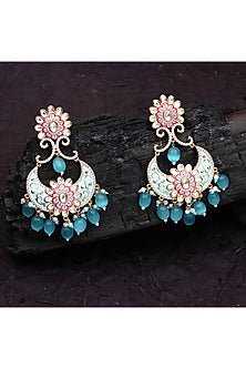 Gold Finish Kundan Polki & Faux Diamond Meenakari Chandbaali Earrings
