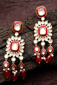 Gold Finish Kundan Polki & Beaded Meenakari Dangler Earrings