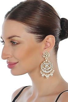 Gold Finish Kundan Polki & Pearl Meenakari Chandbaali Earrings