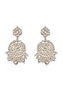 Gold Finish Kundan Polki & Pearl Meenakari Chandbaali Earrings
