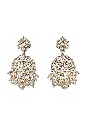 Gold Finish Kundan Polki & Pearl Meenakari Chandbaali Earrings