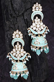 Gold Finish Kundan Polki & Faux Diamond Meenakari Jhumka Earrings