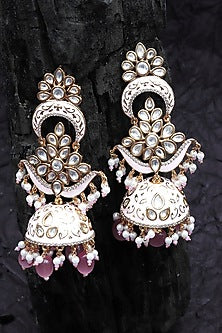 Gold Finish Kundan Polki & Faux Diamond Meenakari Jhumka Earrings